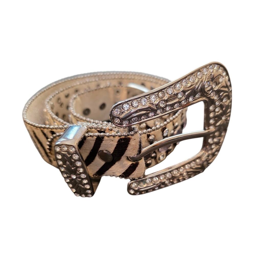 Atlas Western Calf Hair Zebra Print Pink Rhinestones Silver Studded Belt 34 XS